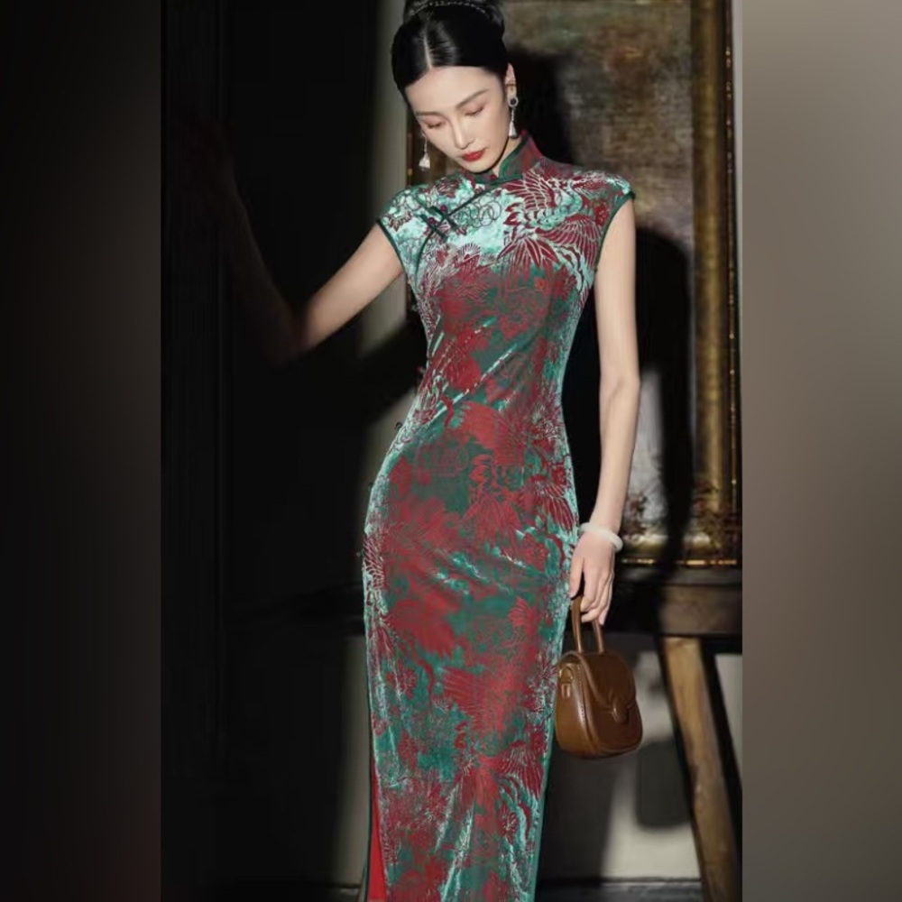 Green Red Floral Cheongsam Qipao Velvet Vintage High Slit Long Maxi Dress M L